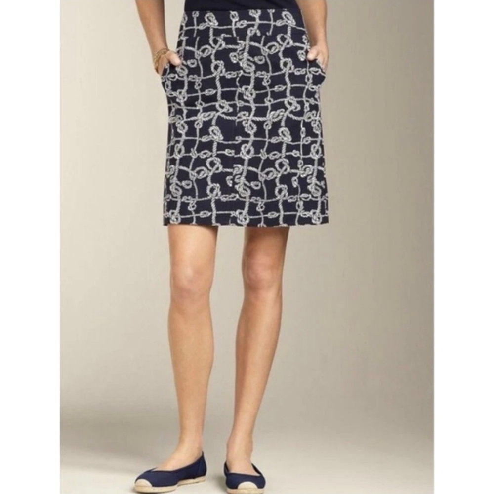 Talbots Rope Knot Print Mini Skirt Navy Blue White Cotton Stretch Pockets
